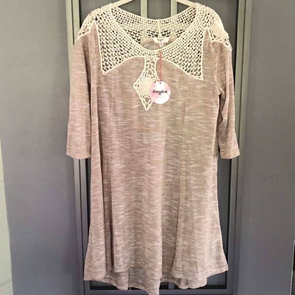 NWT Hayden Heathered, tan crochet detail, beach, cover-up/dress tunic top size s